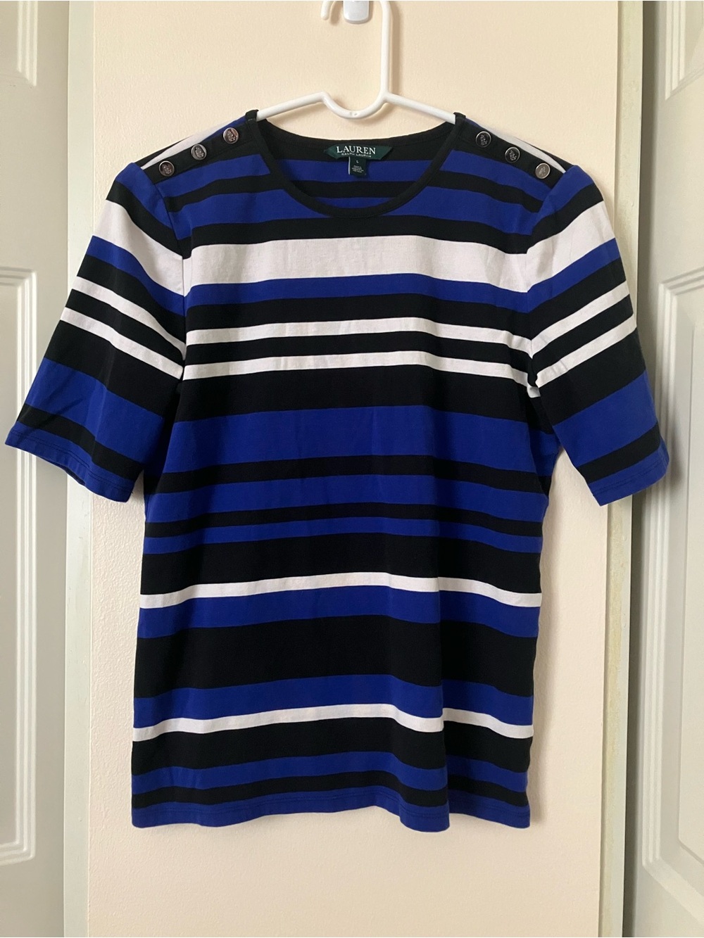 Ralph Lauren Blue Black White Striped Short-Sleeve Top with Shoulder Buttons